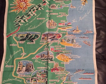Vintage tea towel showing The North East of England