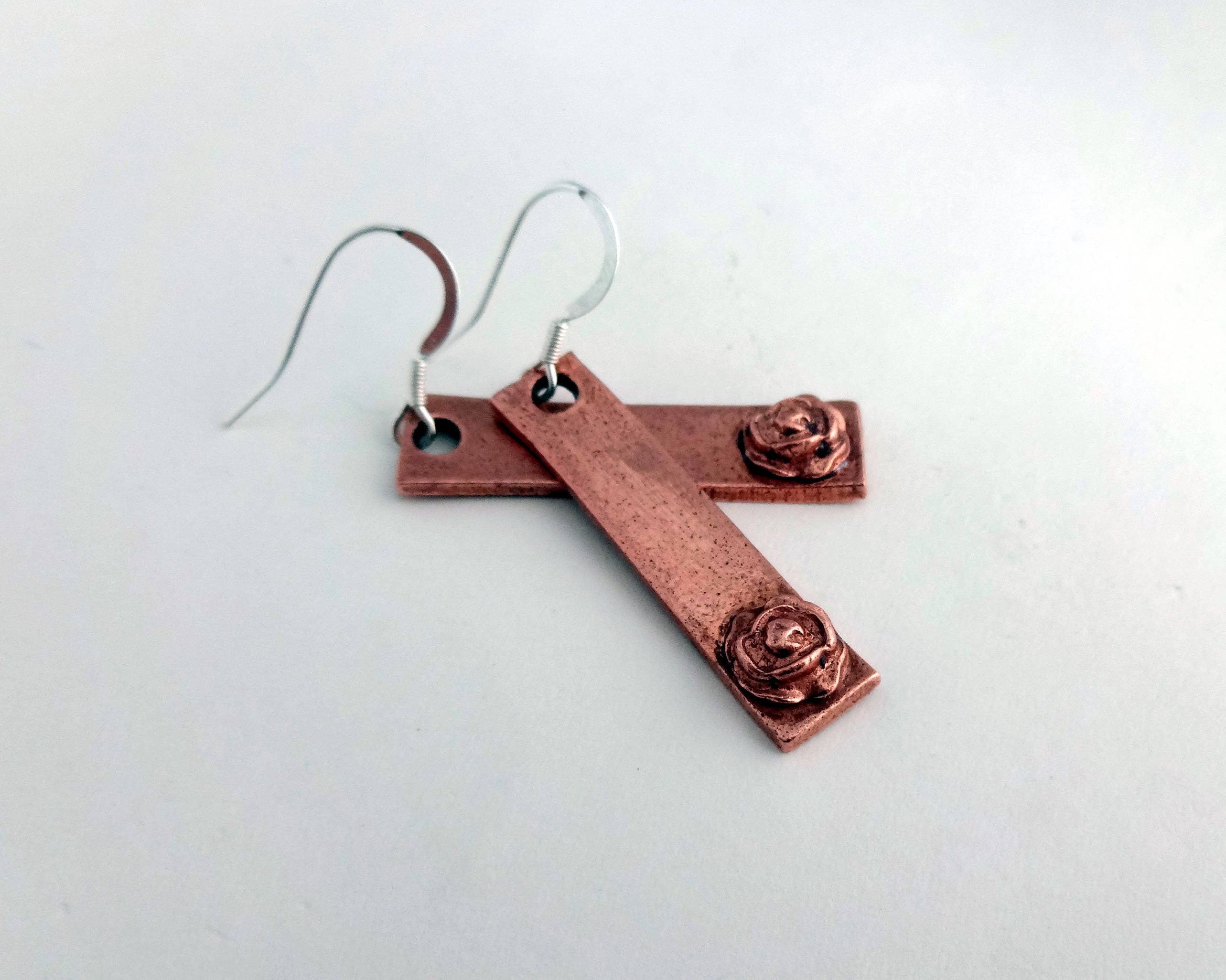 Copper Bar Earrings Rose Earrings Copper Dangle Earrings