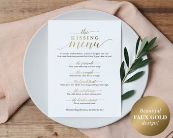 Faux Gold Kissing Menu, Wedding Kissing Menu, Kissing Menu Printable, Gold Wedding Sign, Wedding Game, PDF Instant Download #BPB324_48