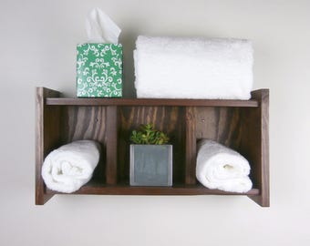 Rustic Bathroom Shelves Over Toilet – Rustic Chunky Wooden Shelves – Reclaimed Wood Rolled Bath Towel Rack – Stained Rustic Wood Shelf Unit