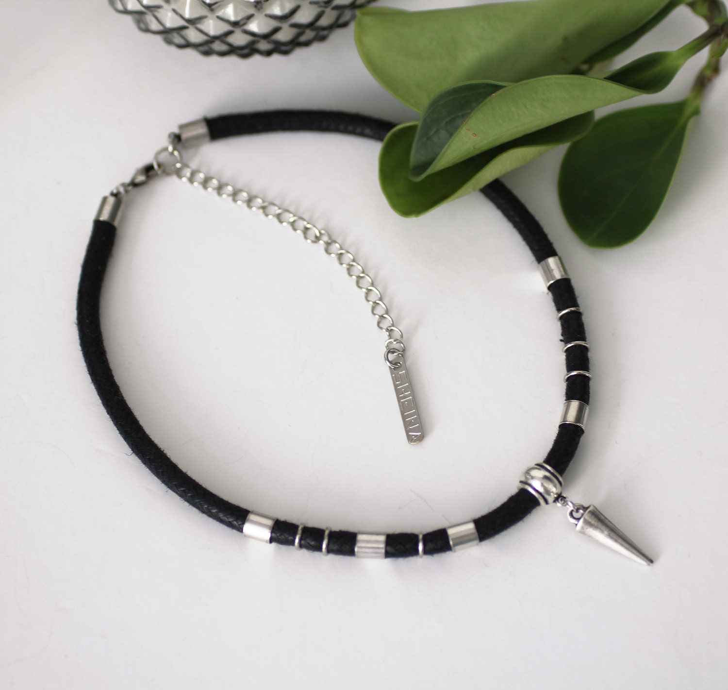 Black cord choker with charm trendy cord choker with drop