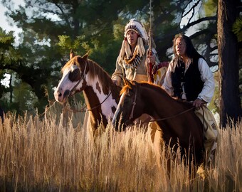 Native Americans on Horses in the Morning Light - 8x8 Original Digital Art Metal Print, Indians on horses, Indian headdress, morning