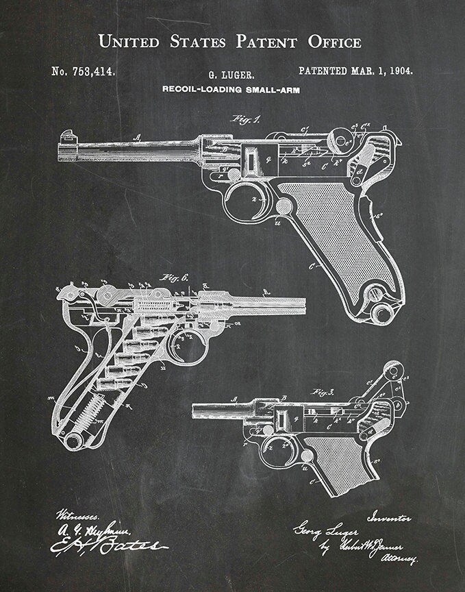 Patent 1904 Luger German Pistol Recoil Loading Firearm - Art Print ...