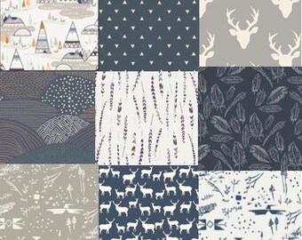 Navy Blue Cotton Fabric Bundle, Quilting Weight, Elk, Stags, Deer Head Antlers, Tee Pees, Woodland Fat Quarter, Feathers, Southwestern, Gray