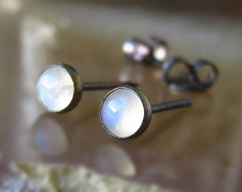 Black Stud Earrings, Rainbow Moonstone Stud Earrings, Moonstone Post Earrings 4mm, Rainbow Moonstone Jewelry