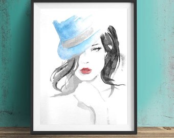 Original Gift > Portrait of sensual woman with bue cabaret hat - Watercolor - Ink - red lips femme fatale - 24x32 cm - 9 1/2 x 12 1/2 inches