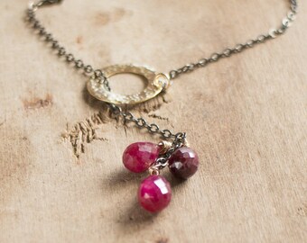 Ruby Cluster Necklace, Mixed Metal Ruby Lariat Necklace, July Birthstone, Gemstone Necklace, Genuine Ruby Jewellery, Wife Gift