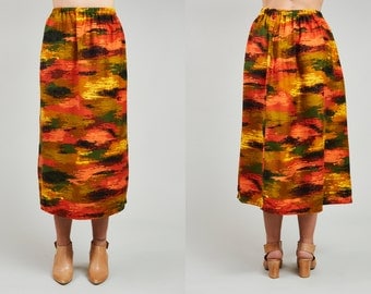 90s Orange and Green Painted Print Full Maxi Skirt • M / L
