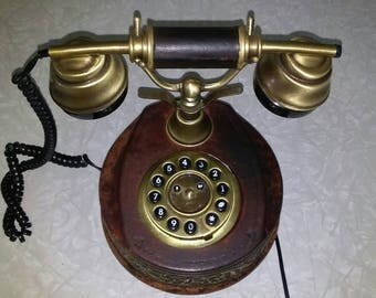 Horchow Made in Italy Replica Old World Phone/ Push Button Telephone Leather with Brass Accents