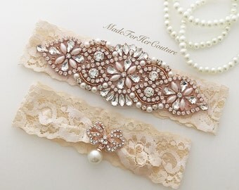 Rose Gold Wedding Garter Set, Rose Gold Bridal Garter Set, Rose Gold Garter Belt, Champagne Garter Set, Wedding garters, Garter Belts