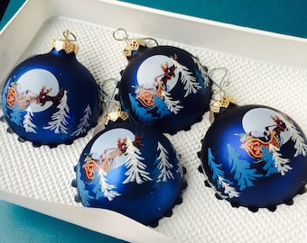 Santa Sleigh Blue Ornaments, Vintage Designer Ornaments