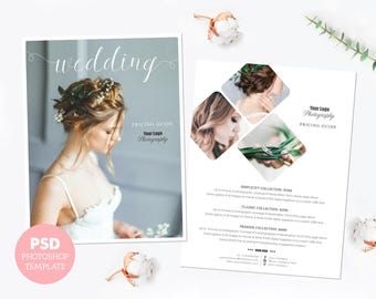 Pricing template. Wedding photography price list. Marketing & advertising template pricing guide. Fully editable Photoshop PSD files. PLT006