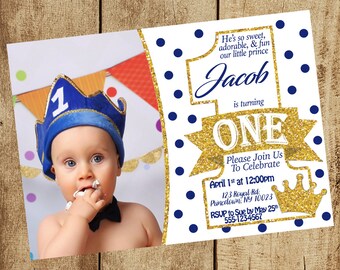Prince Birthday Invitation First Birthday Invitations 1st Birthday Invitation Boy 1st Bday Invitation Invite 5x7 Digital PDF JPG