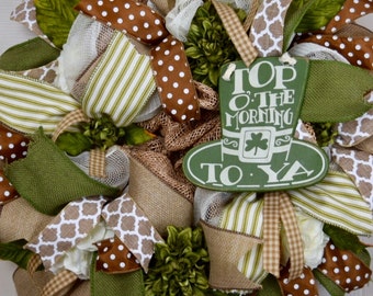 St. Patrick's Day Jute and Burlap Mesh Wreath with Green Dahlias; Top O' the Morning to Ya; Irish Decor; Green Brown Beige Wreath Door Decor