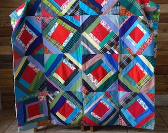 Vintage handmade Quilt - Patchwork Quilt Handmade - Polyester, Cotton & Wool Fabrics Quilt - 1970s - Retro