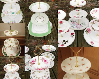 Job Lot 12 Vintage Mismatched China Mix 3 Tier Cake Stands Floral Perfect Tableware for Mad Hatters Party Wedding