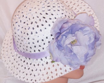 Easter Hat Spring Hat Easter Bonnet Teaparty Hat Girls Little Girls White w/Lavendar Ribbon and Flower