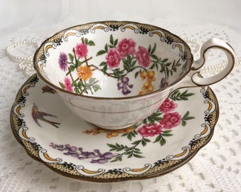 Reserved Aynsley China Tea Cup and Saucer, Mikado, Hand Painted, Reg No 715040, 1926-34