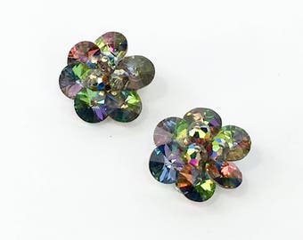 50s Headlight Crystal Earrings | Aurora Borealis Crystal Clip Earrings