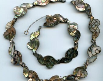 FREE SHIPPING-Vintage-1950's-Sterling-Taxco-Abalone-Necklace-Bracelet-Set-Signed Enrique Ledesma-Southwest-Mexico
