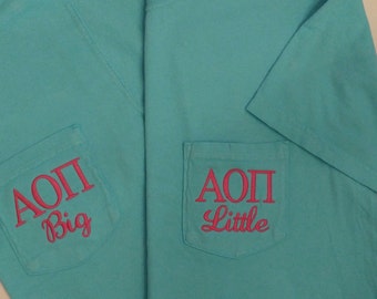 Big little sorority shirt, Alpha Omicron Pi, AOPi Sorority Shirt, Monogrammed Pocket T, Personalized T Shirt, Big Little Gift, Sorority Tee