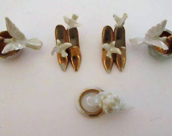 Group Of 5 Antique German Bisque Porcelain Wedding Cake Decorations Miniature Charms Gold Shoes Doves Cherub Rings Toppers Vintage Art Deco