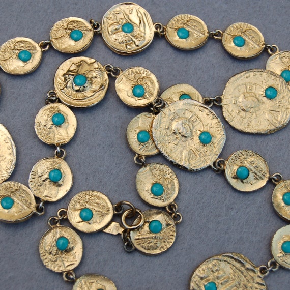 Pauline Rader Ancient Coin Necklace Faux Turquoise Stone Set