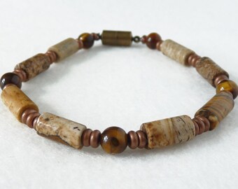 Rustic Boho Bracelet, Jasper Tigers Eye, Earthy Tribal Bracelet, Fathers Day, Copper Heishi, Mens Beaded Bracelet, Mens Jewelry