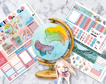 MINI Weekly Kit / Travel The World / Planner Stickers / Fits Erin Condren Vertical & MAMBI / Watercolor / Hand Drawn