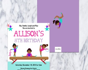 Printable-Gymnastics-African American-Birthday Invitation-Girl-Party-Fiesta-Custom-Purple-Teal-Tumble-Pink-Invitation-fun