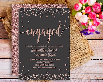 rose gold engaged Invitation printable, printable engagement invitation rose gold, gold rose engagement party invite, confetti gold rose