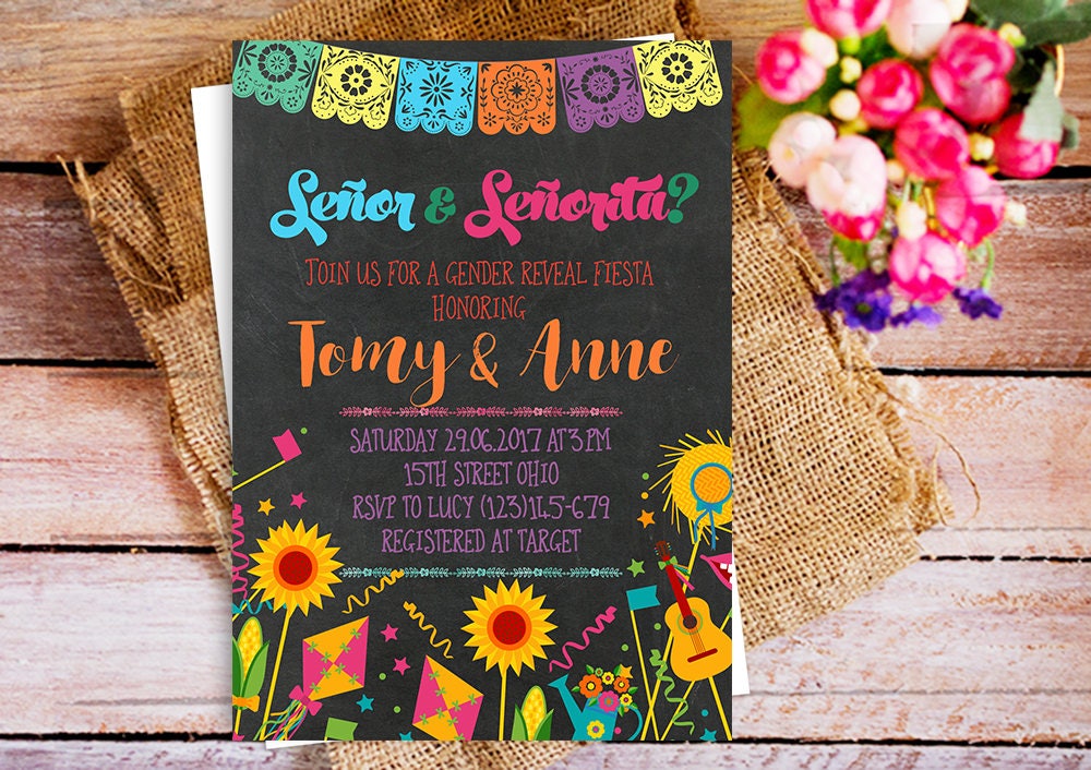senor or senorita party invitation gender reveal fiesta response card envelope
