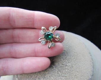 Vintage Goldtone Green & Clear Rhinestone Floral Pin