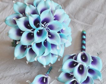 Wedding Bouquet Purple Turquoise Blue Picasso Calla Lily Bridal Bouquet Bridesmaid Bouquet Groom Groomsman Boutounniere wedding package