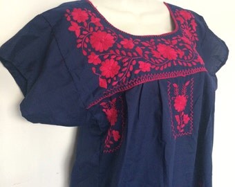 Hand embroidered navy blue mexican dress made of poplin / traditional boho dress / bohemian folk long dress / vestido mexicano bordado