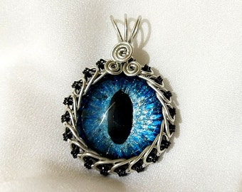 Blue Hand-Painted Dragon Eye Pendant w/Silver and Black Wire Wrap (with Necklace)