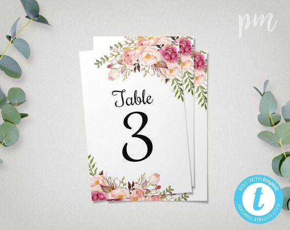 Floral Wedding Table Numbers Template 4x6 Printable Table