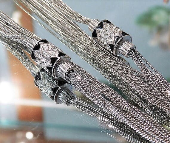 Vintage Givenchy Paris New York NY Necklace Silver Pave Rhinestone Crystal Black Enamel Chain Necklace Wedding Bride Bridal Fashion Jewelry