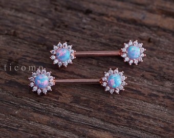 nipple ring nipple piercing nipple jewelry nipple barbell fire opal zircon flower Rose Gold #1N01