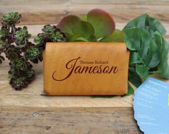 Genuine Leather Business Card Holder, Personalized Business Card Holder, Engraved Card Holder --GLBCH-WHEAT-Thomas Richard Jameson