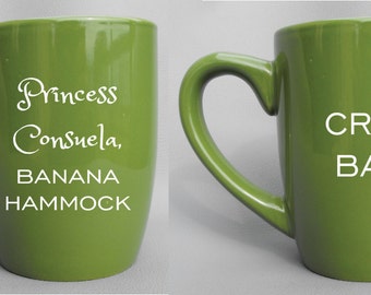 Deep Engraved Dishwasher Safe Princess Consuela, Banana Hammock and Crap Bag Gift Set for Couples, Choice of Mugs and Color