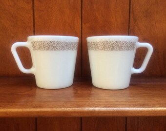 Vintage Pyrex Mugs Milk Glass Coffee Cups Woodland Pattern Set of 2