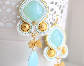 Mint green and gold soutache earrings with golden bow and green mint pendant. Handmade. Weddings and special occasions