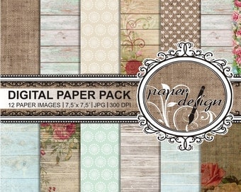 Digital Paper Pack "ROSES AND WOOD" vintage floral backgrounds Shabby Chic paper wood roses Scrapbook Paper, digital wedding papers #15