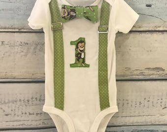 Cake smash outfit boy - first birthday outfit boy - first birthday shirt - monkey birthday shirt - monkey 1st birthday - bowtie suspenders