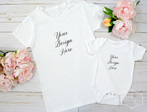 Download Mommy and Me White T-shirt and Onesie Product Mock up ...