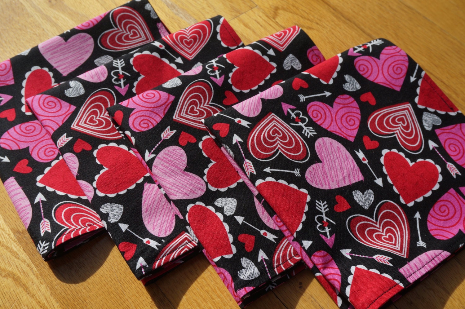 Valentine Cloth Napkins Pink and Red Hearts Polka Dots