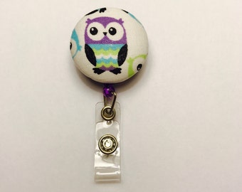 Badge holder, purple owl fabric badge reel