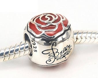 Disneys BELLES ENCHANTED ROSE Charm / New / Threaded / Sterling Silver / S925 / Fully Stamped