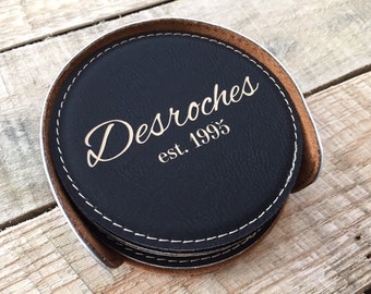 Custom Bar Coasters, Leather Coaster Set, Custom Coasters, Engraved Coasters, Personalized Coasters, Personalized Bar, Custom Bar Accessory